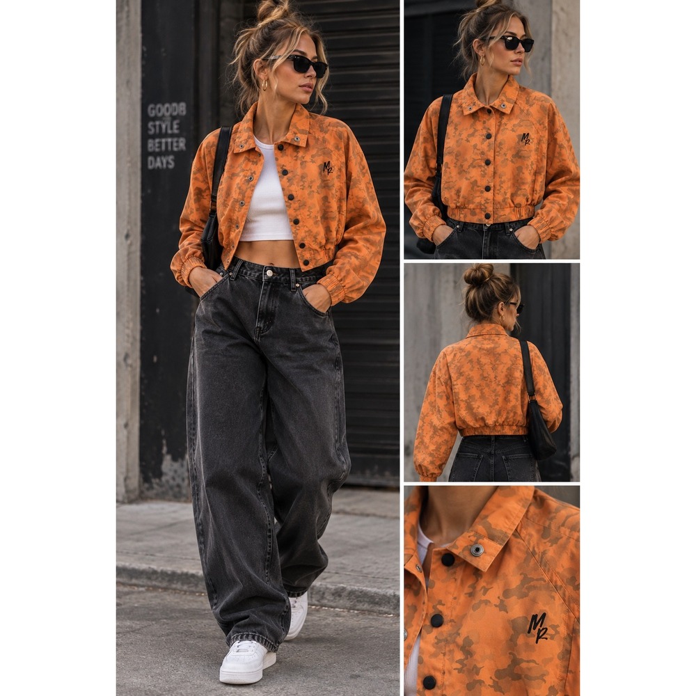 Mistress Rocks Orange Camo Cropped Bomber Jacket Funnel Neck XS Streetwear